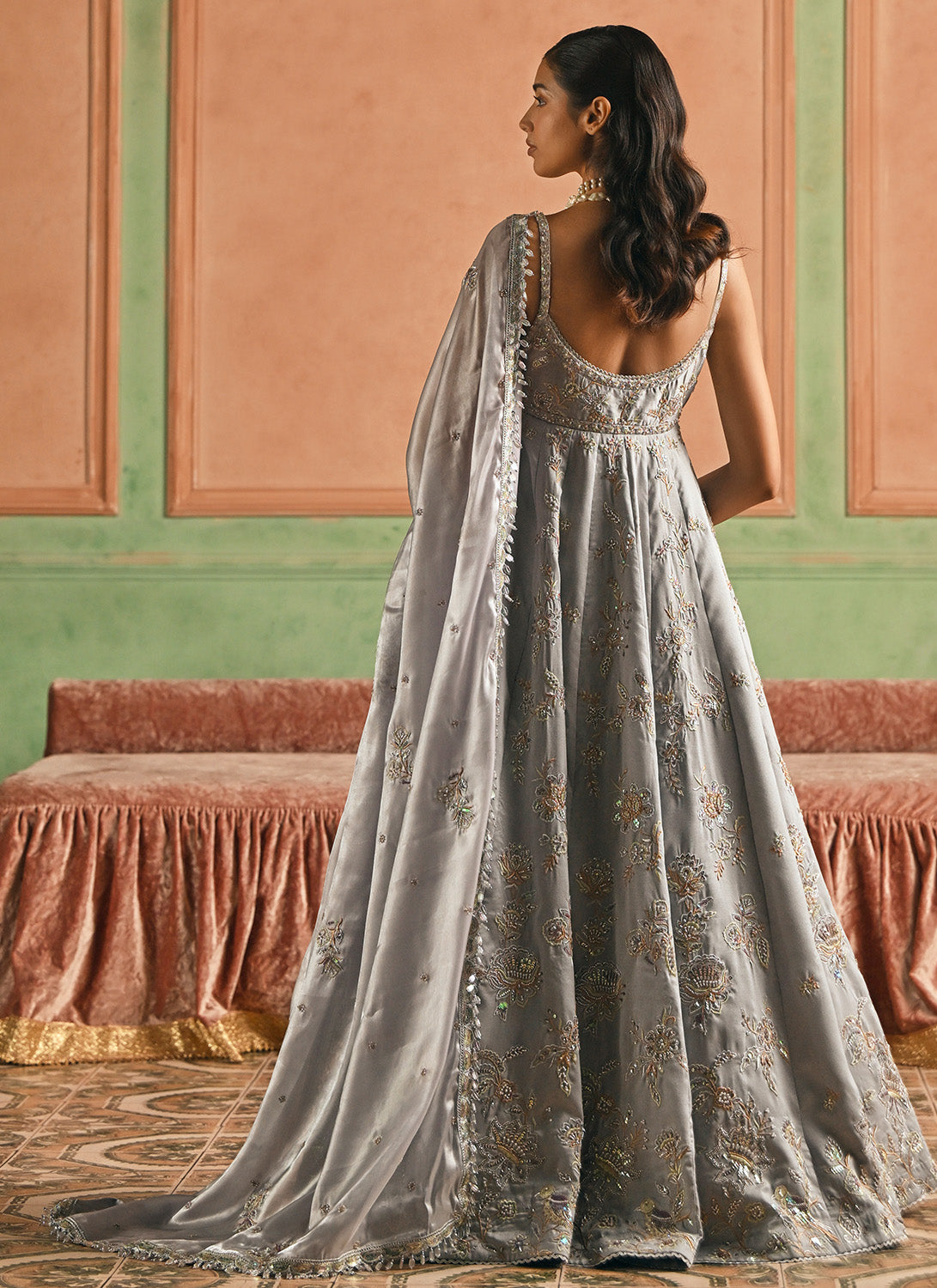 Grey Embroidered Silk Anarkali