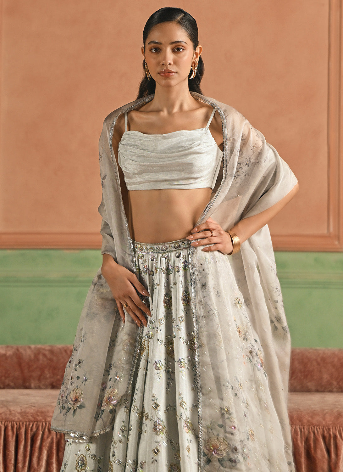 Grey Embroidered Beaded Lehenga