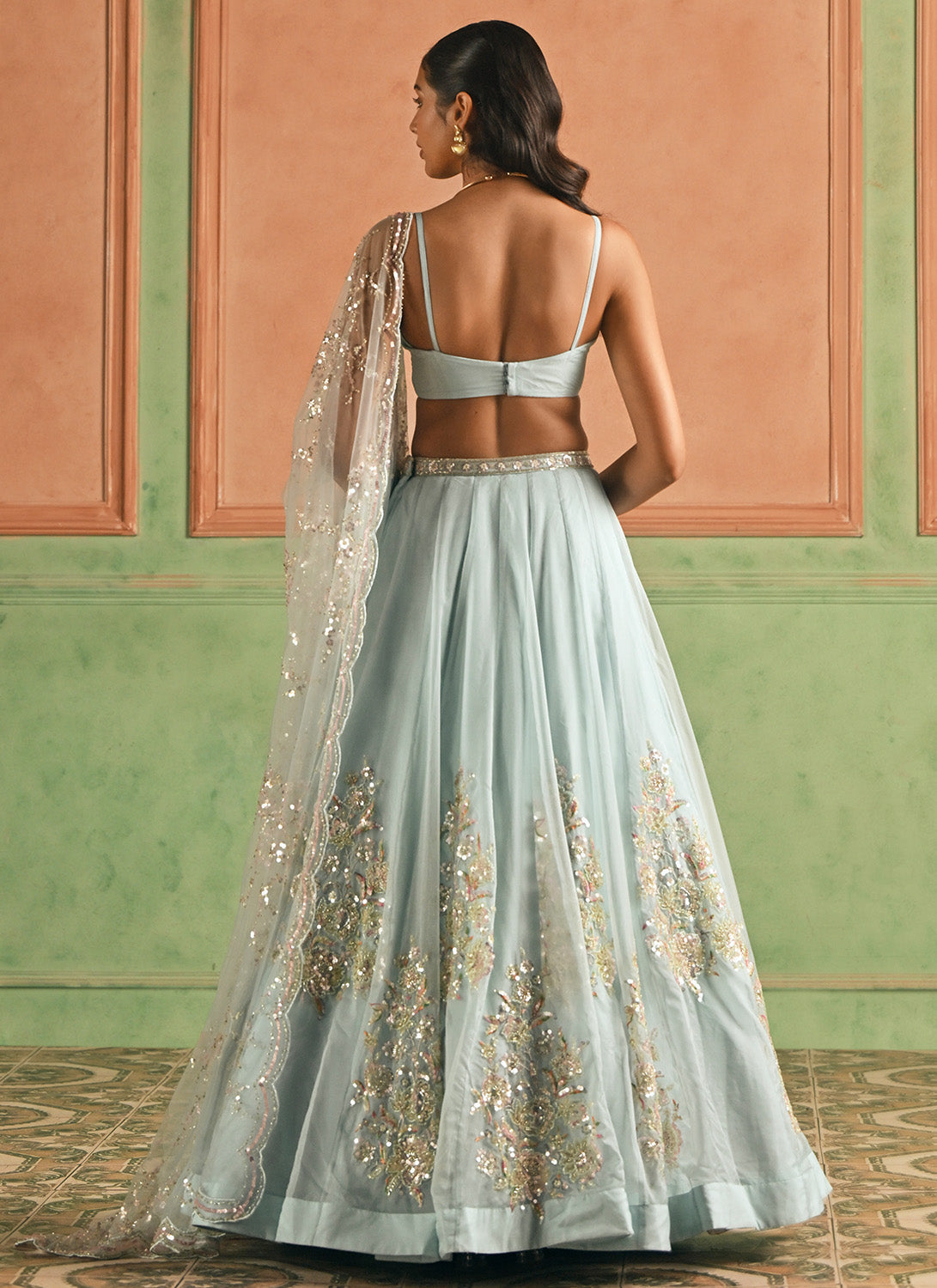 Light Blue Embroidered Organza Corset Style Lehenga