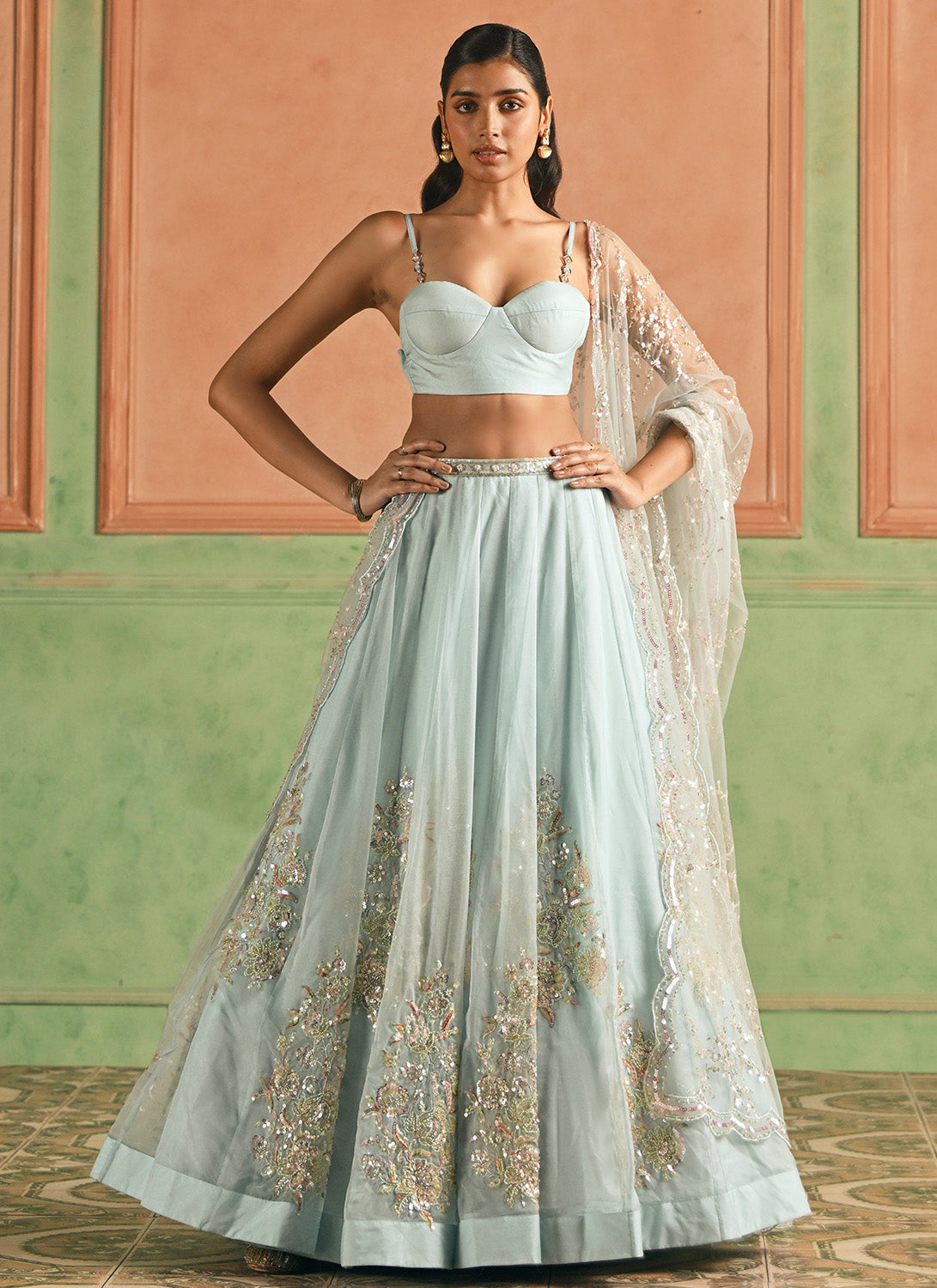 Light Blue Embroidered Organza Corset Style Lehenga