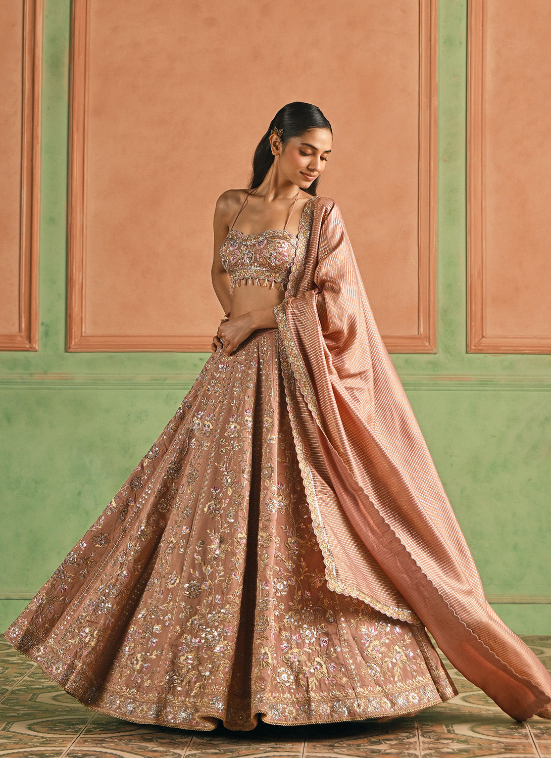 Dusty Pink Embroidered Silk Lehenga