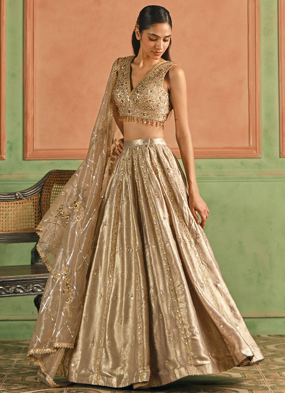 Gold Embroidered Foil Silk Lehenga