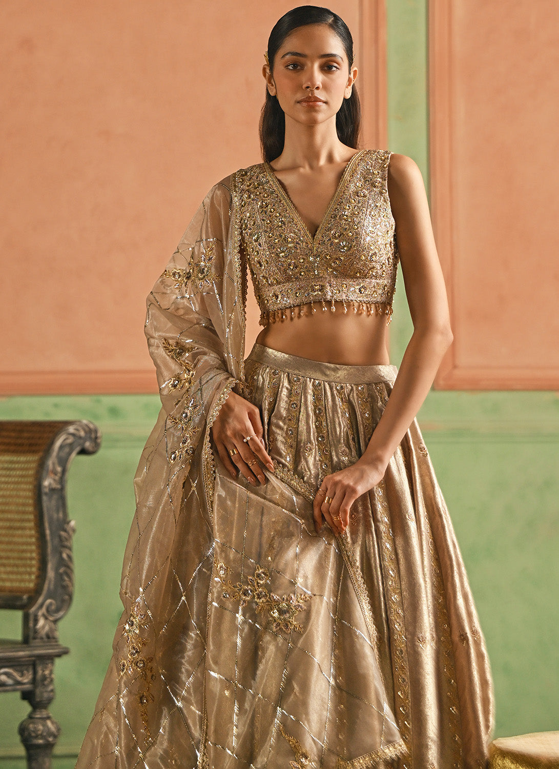 Gold Embroidered Foil Silk Lehenga