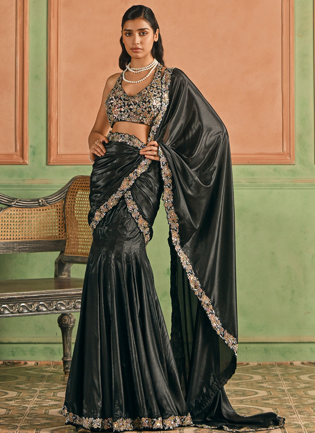 Black Embroidered Silk Saree