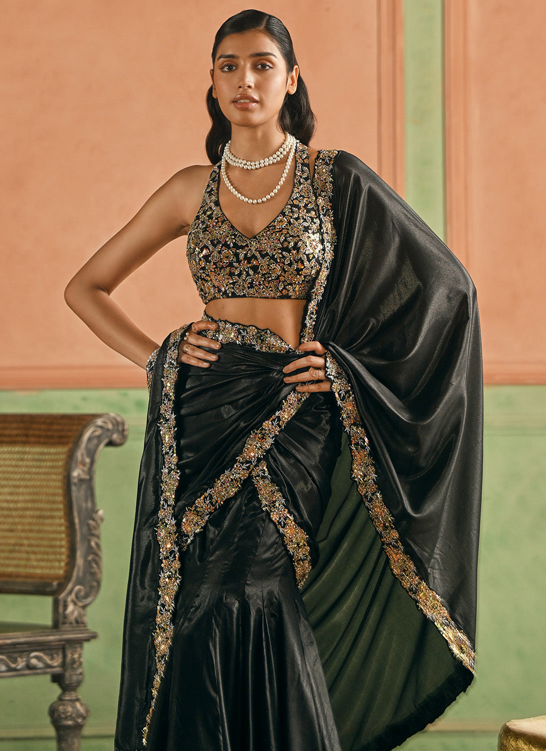 Black Embroidered Silk Saree