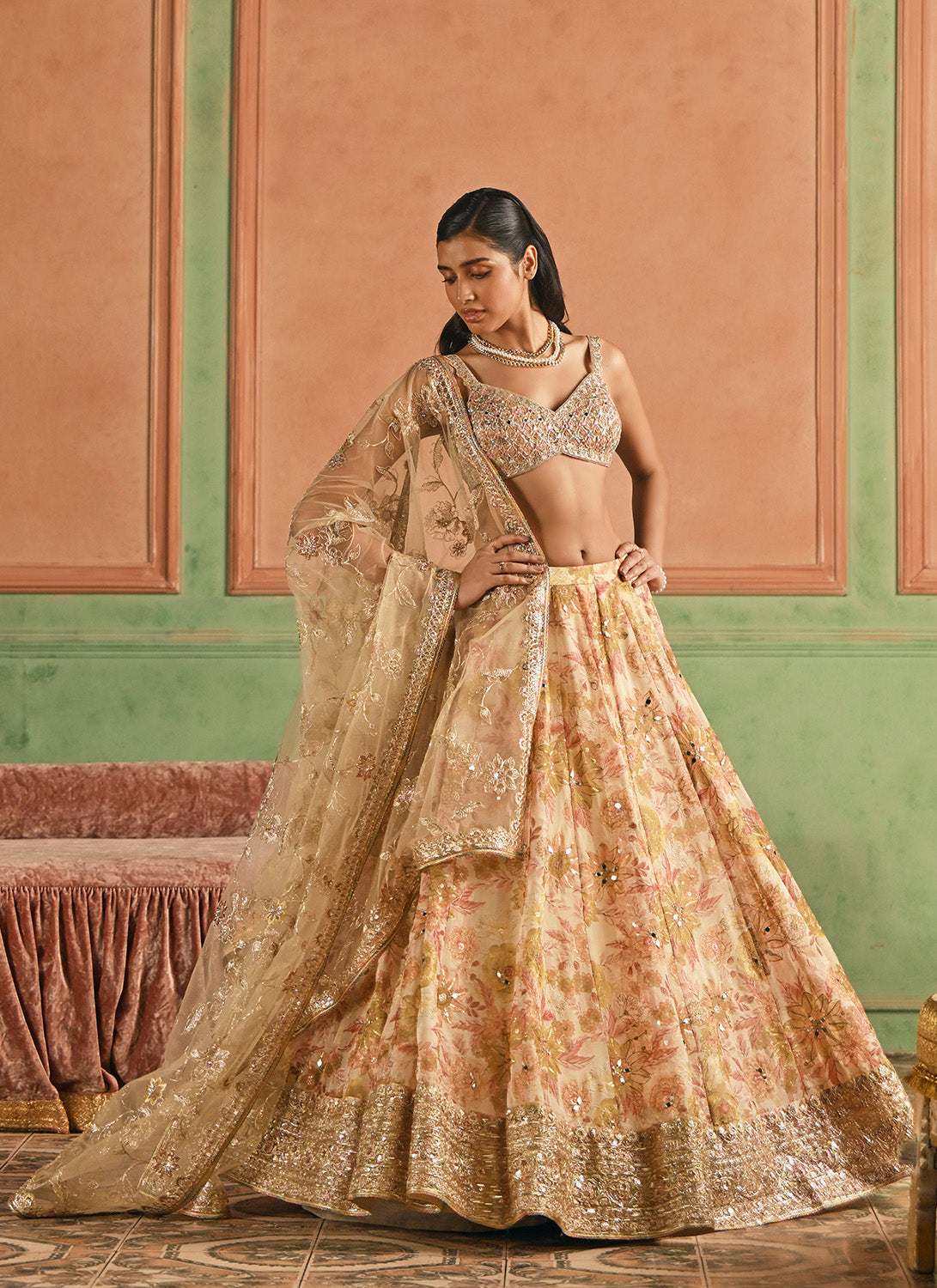 Multicolor Cream Floral Printed Lehenga