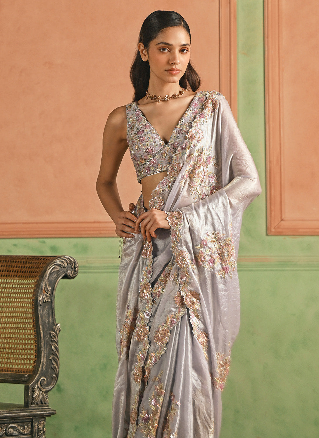 Grey Embroidered Tissue Silk Saree