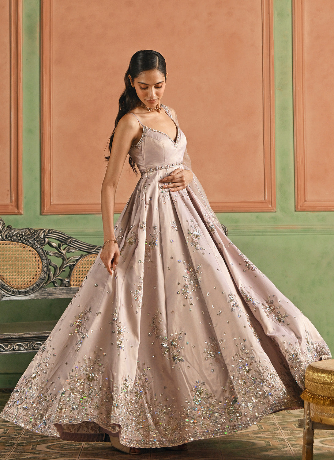 Dusty Mauve Embroidered Tissue Anarkali