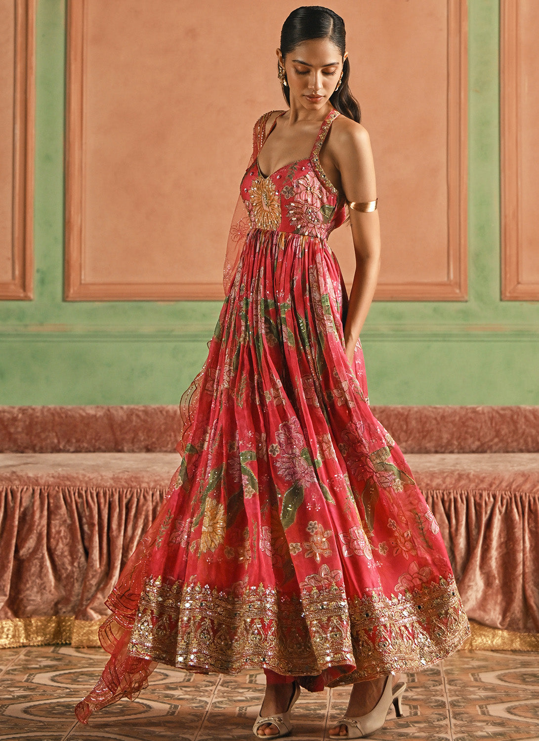 Hot Pink Floral Embroidered Silk Anarkali