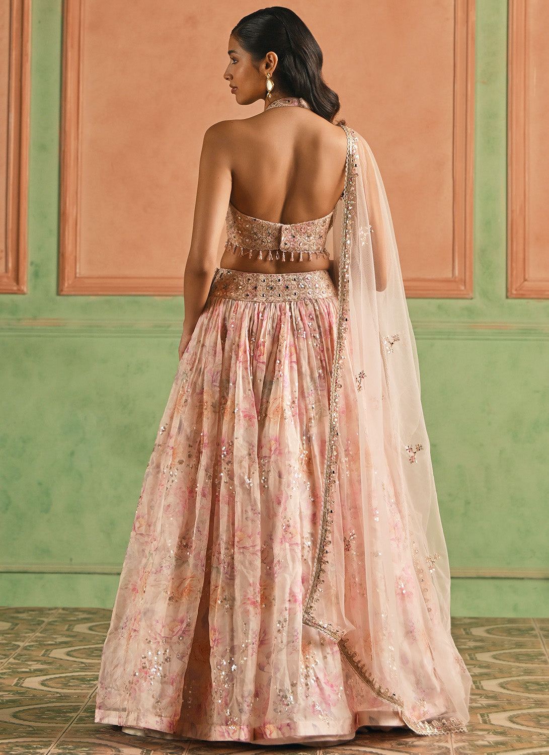 Pink Floral Embroidered Tissue Lehenga