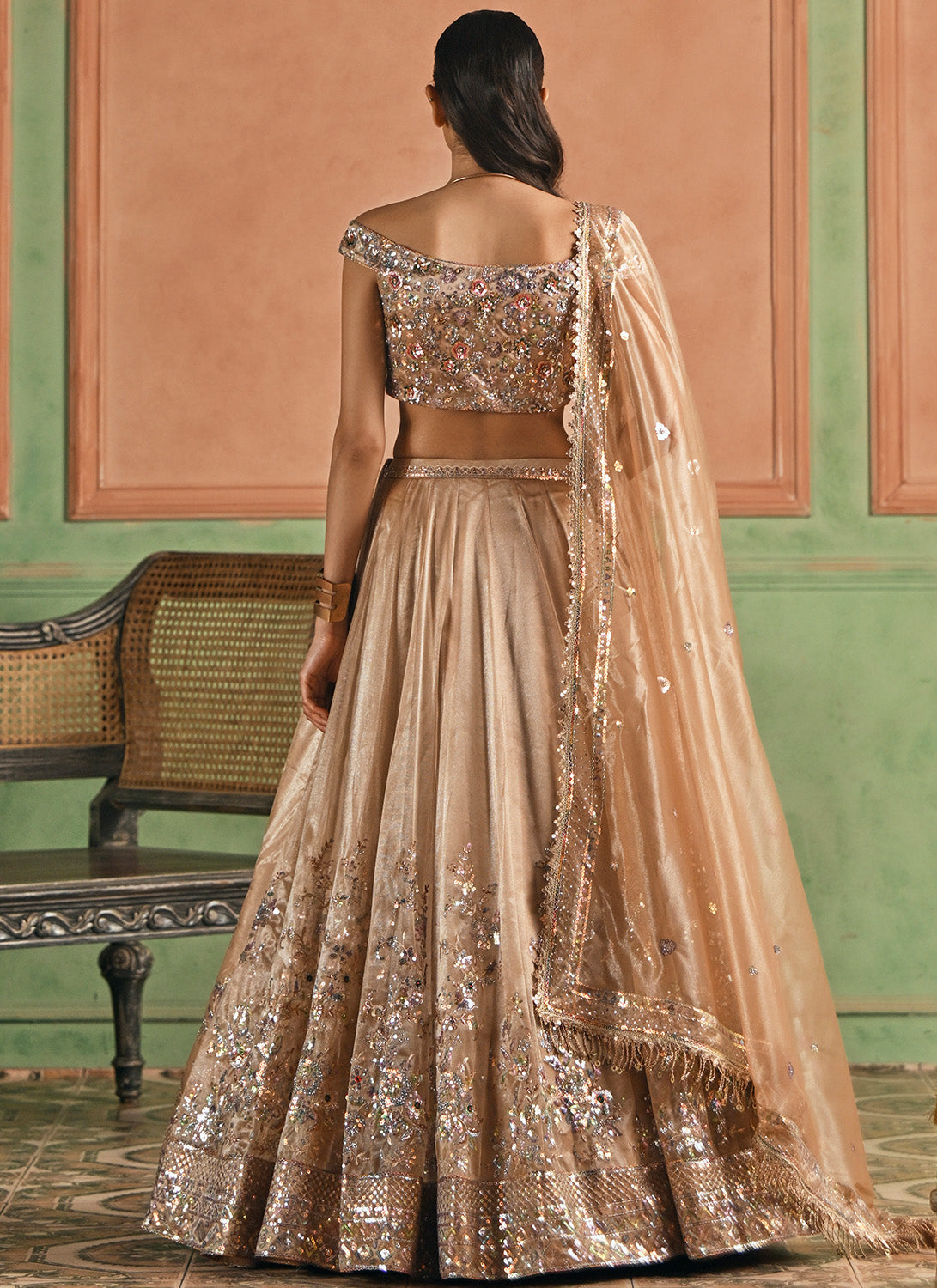 Golden Beige Embroidered Net Lehenga