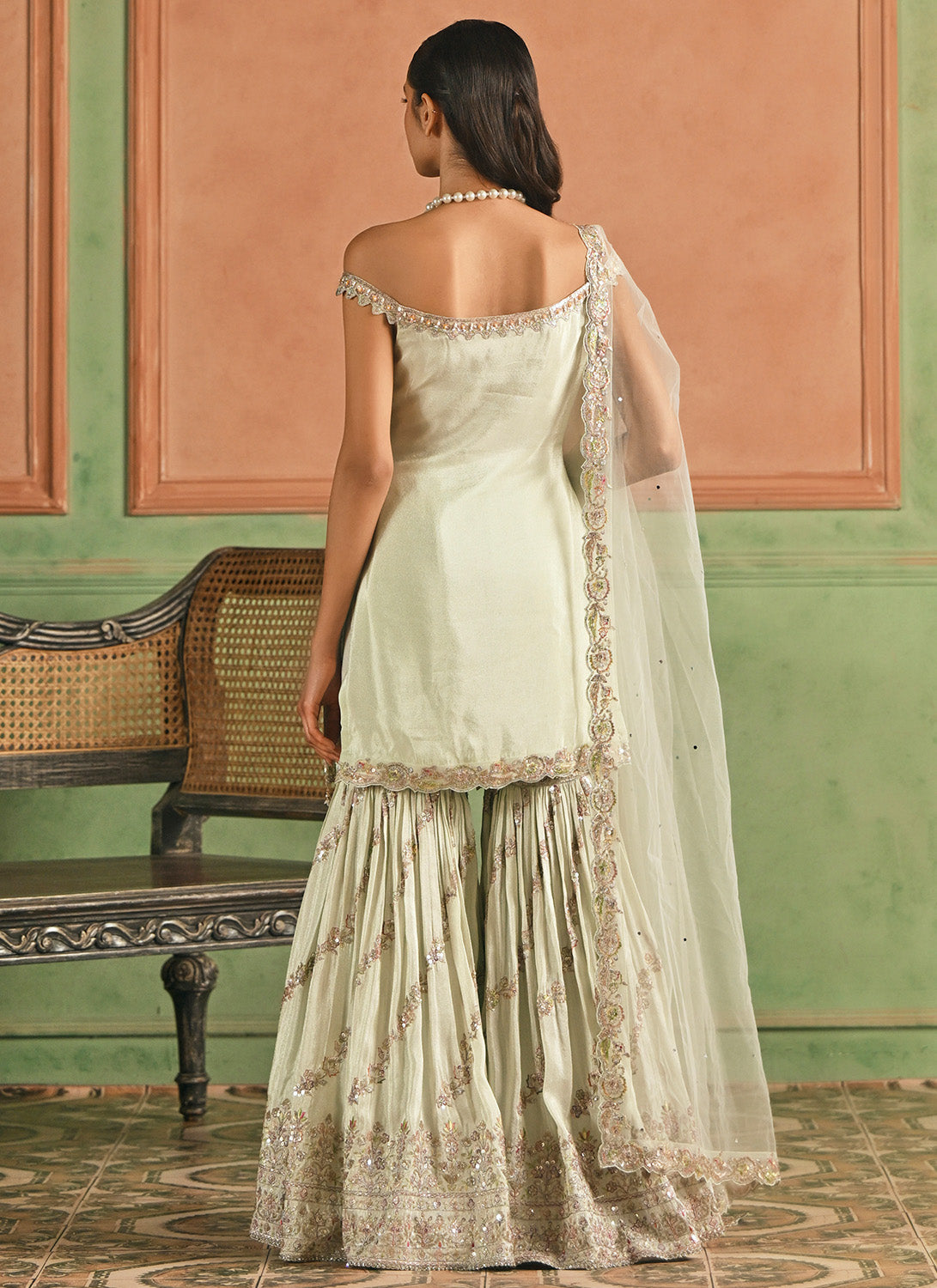 Soft Mint Embroidered Viscose Gharara