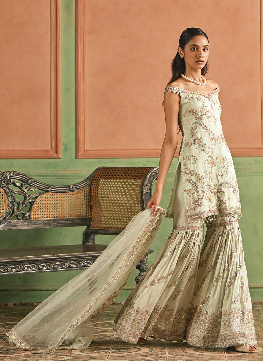 Soft Mint Embroidered Viscose Gharara