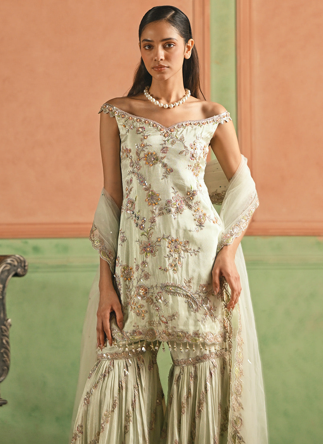 Soft Mint Embroidered Viscose Gharara