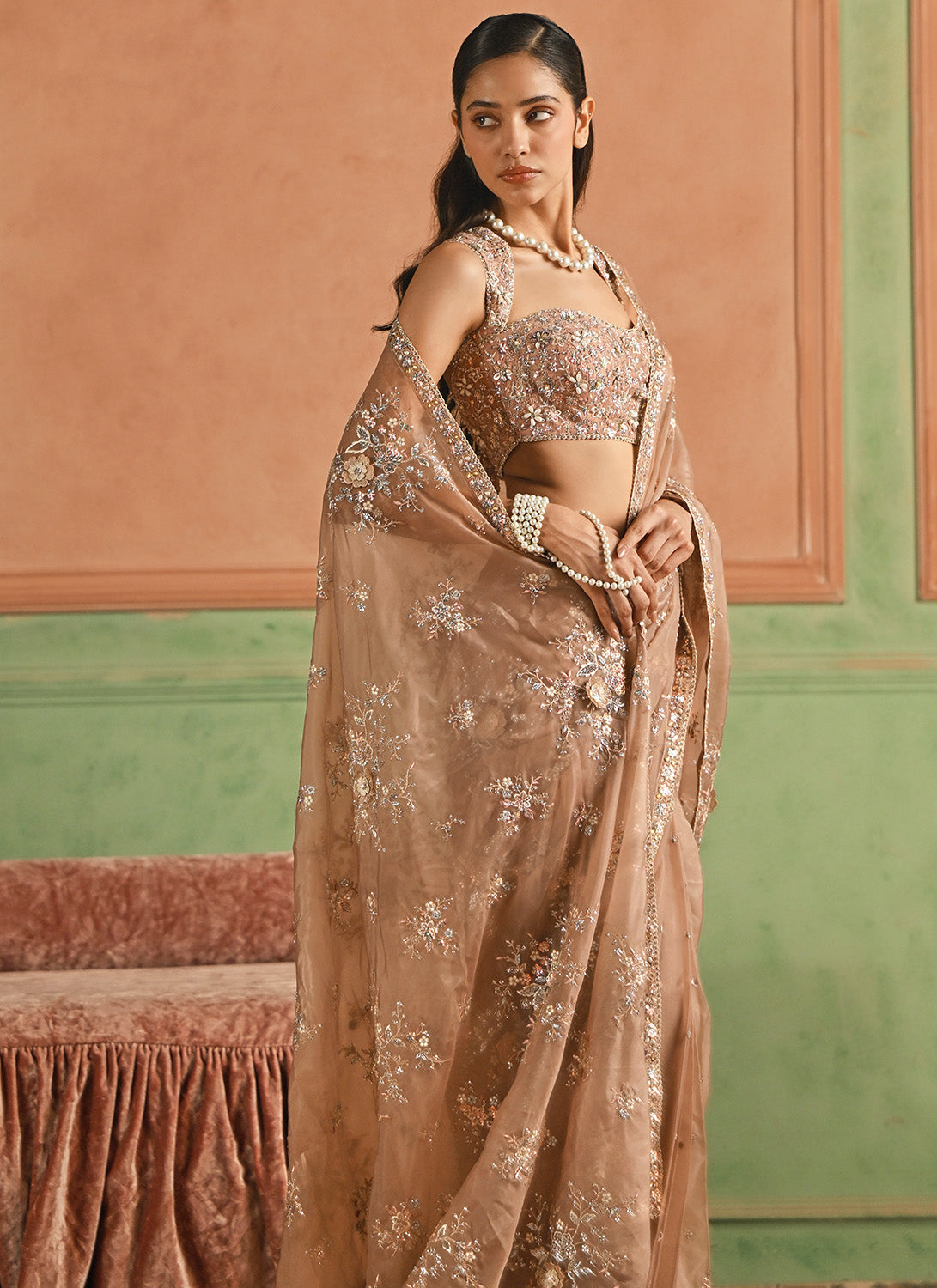 Rose Gold Embroidered Organza Saree