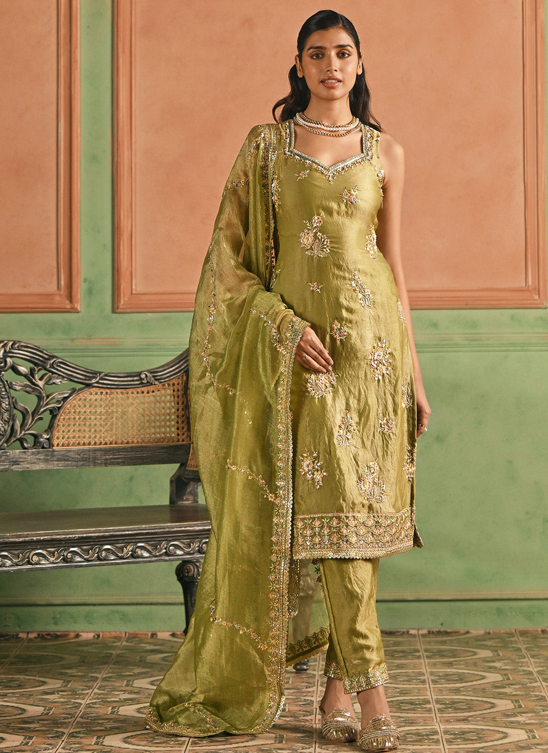 Dusty Green Embroidered Satin Straight Suit