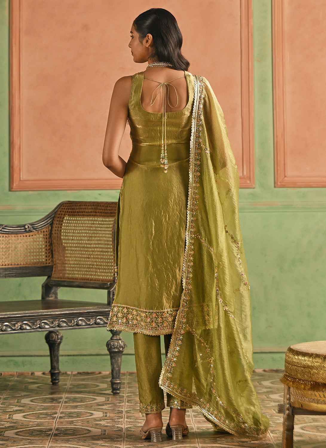 Dusty Green Embroidered Satin Straight Suit