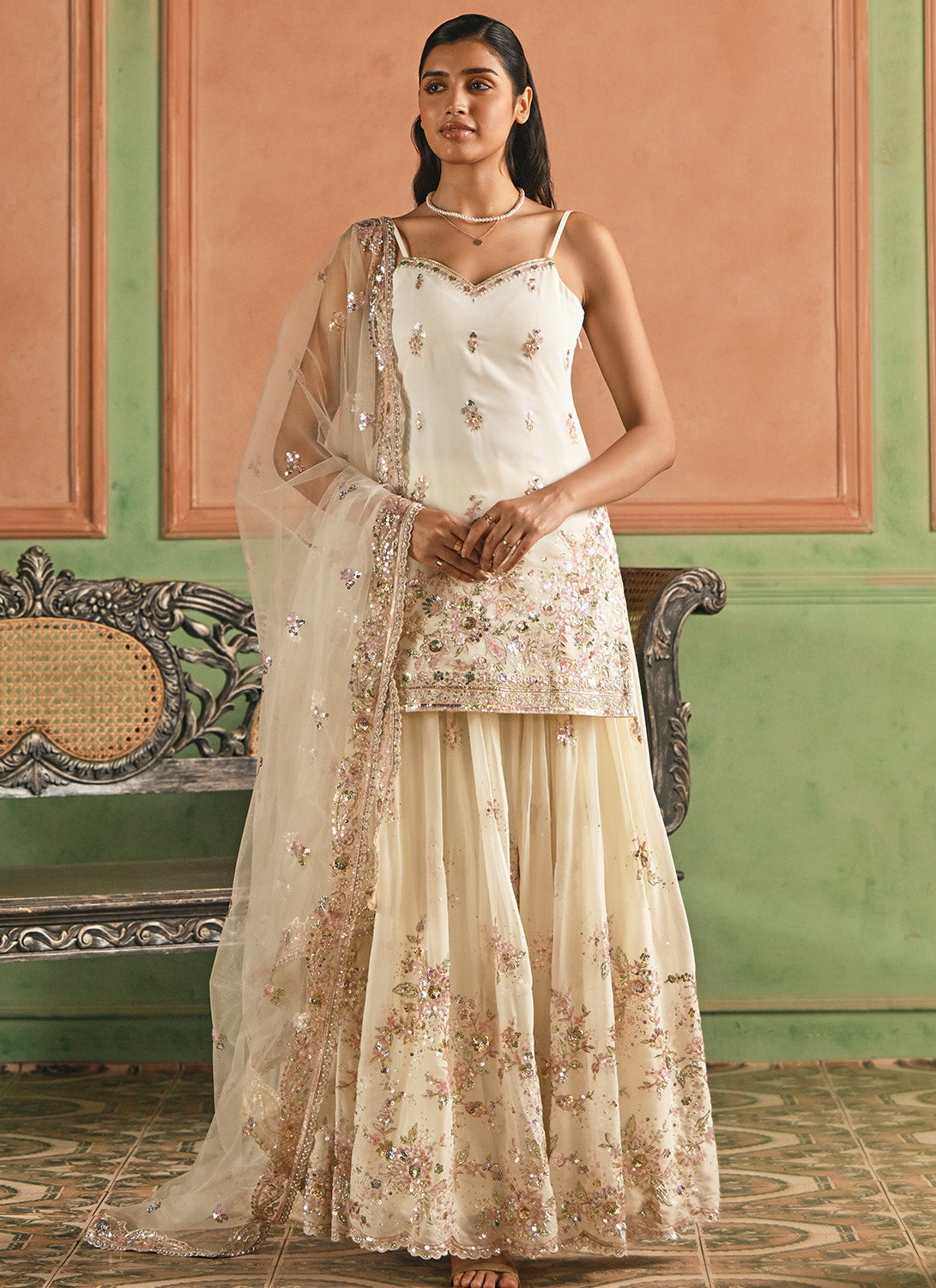 Off White Embroidered Georgette Sharara