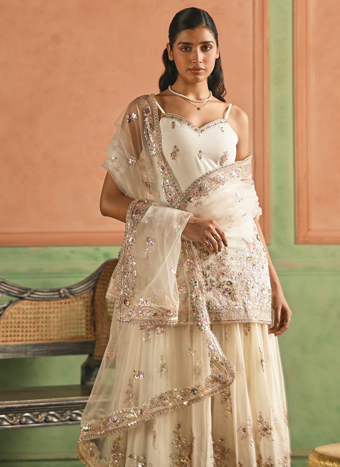 Off White Embroidered Georgette Sharara