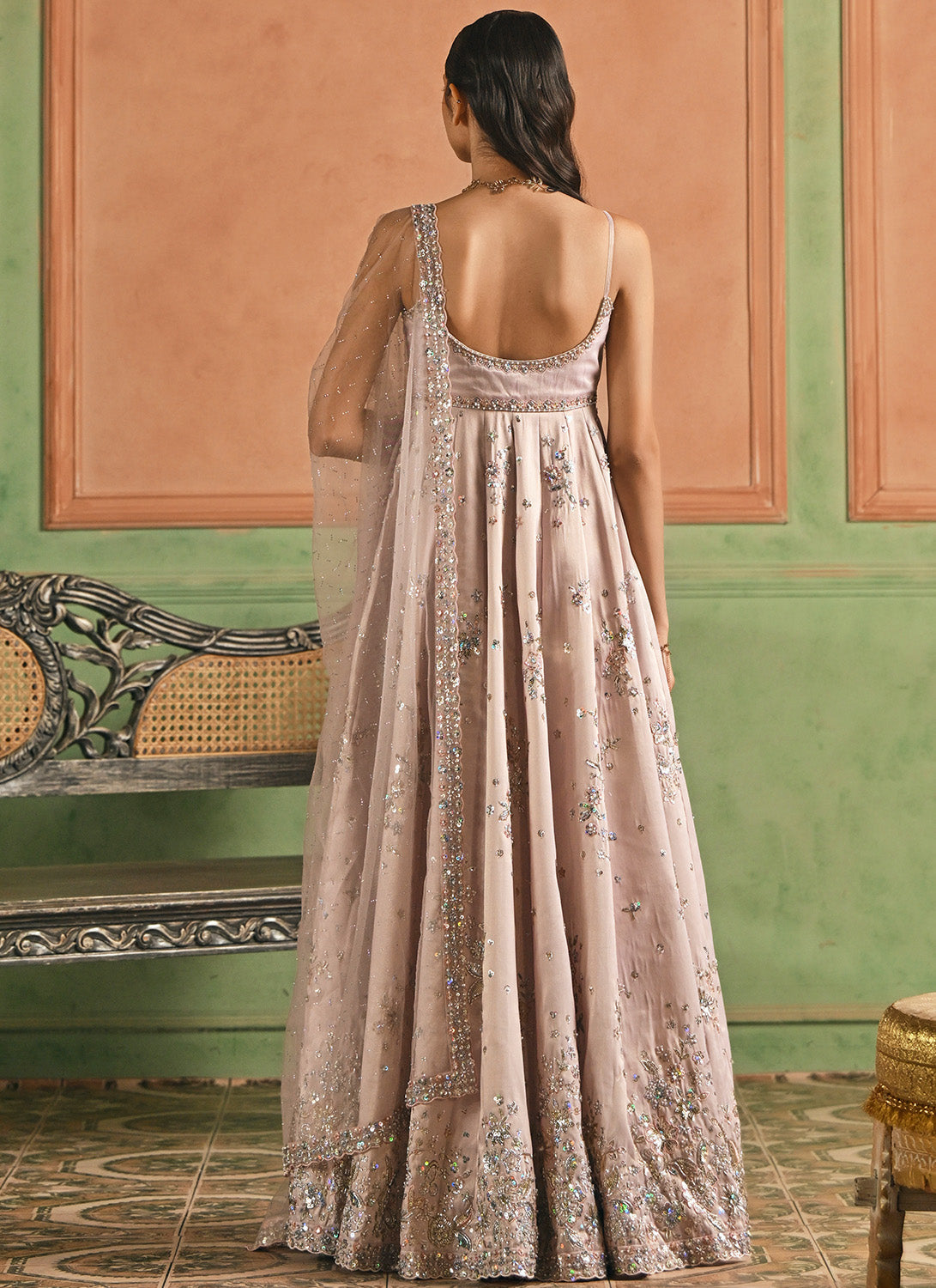Dusty Mauve Embroidered Tissue Anarkali