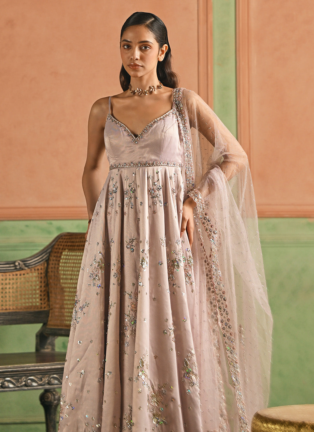 Dusty Mauve Embroidered Tissue Anarkali