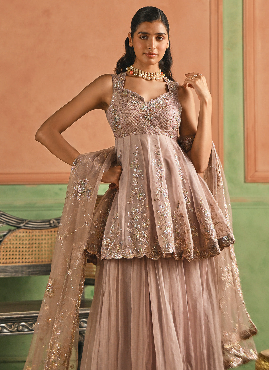 Dusty Rose Pink Embroidered Sharara