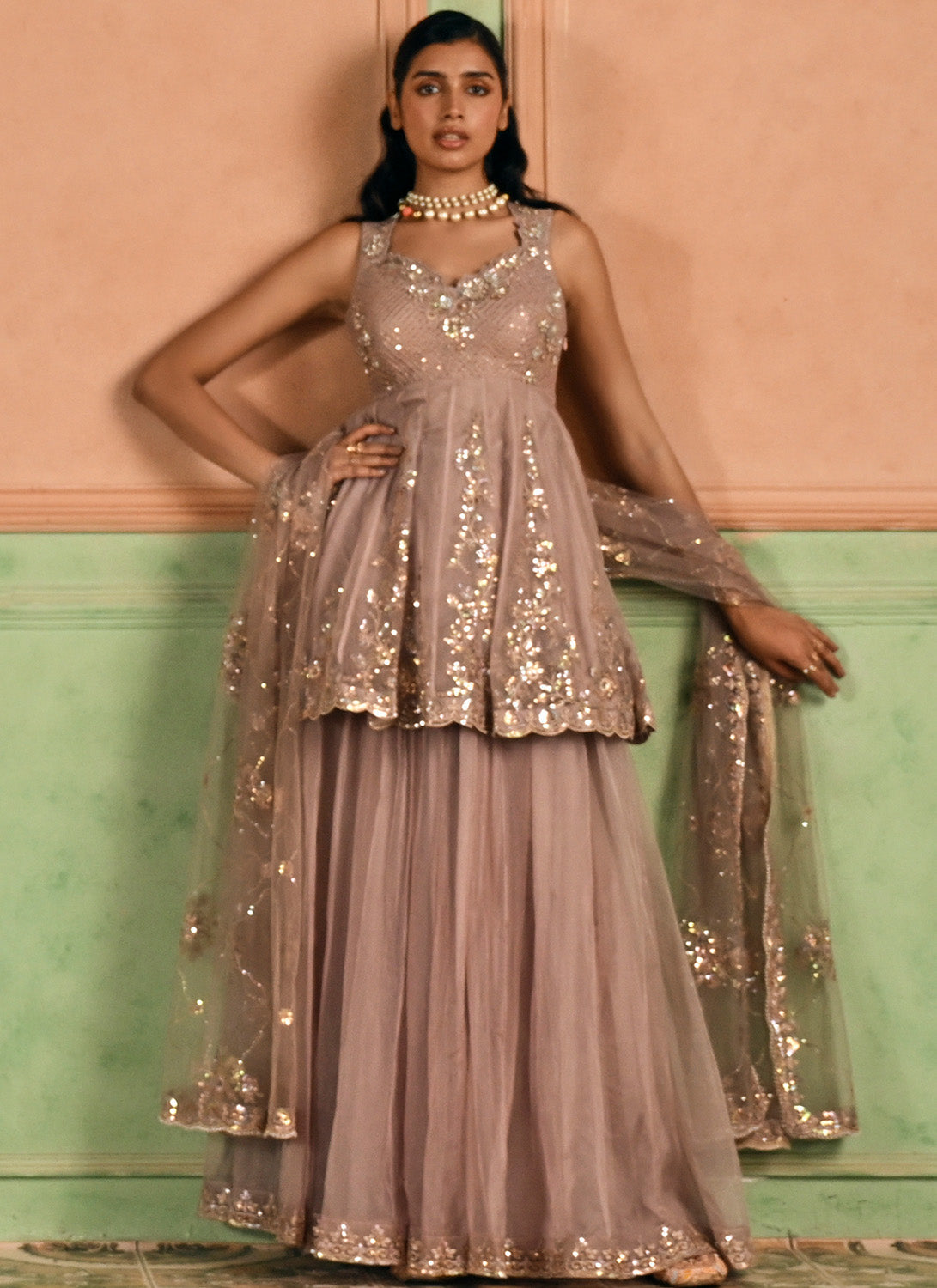 Dusty Rose Pink Embroidered Sharara