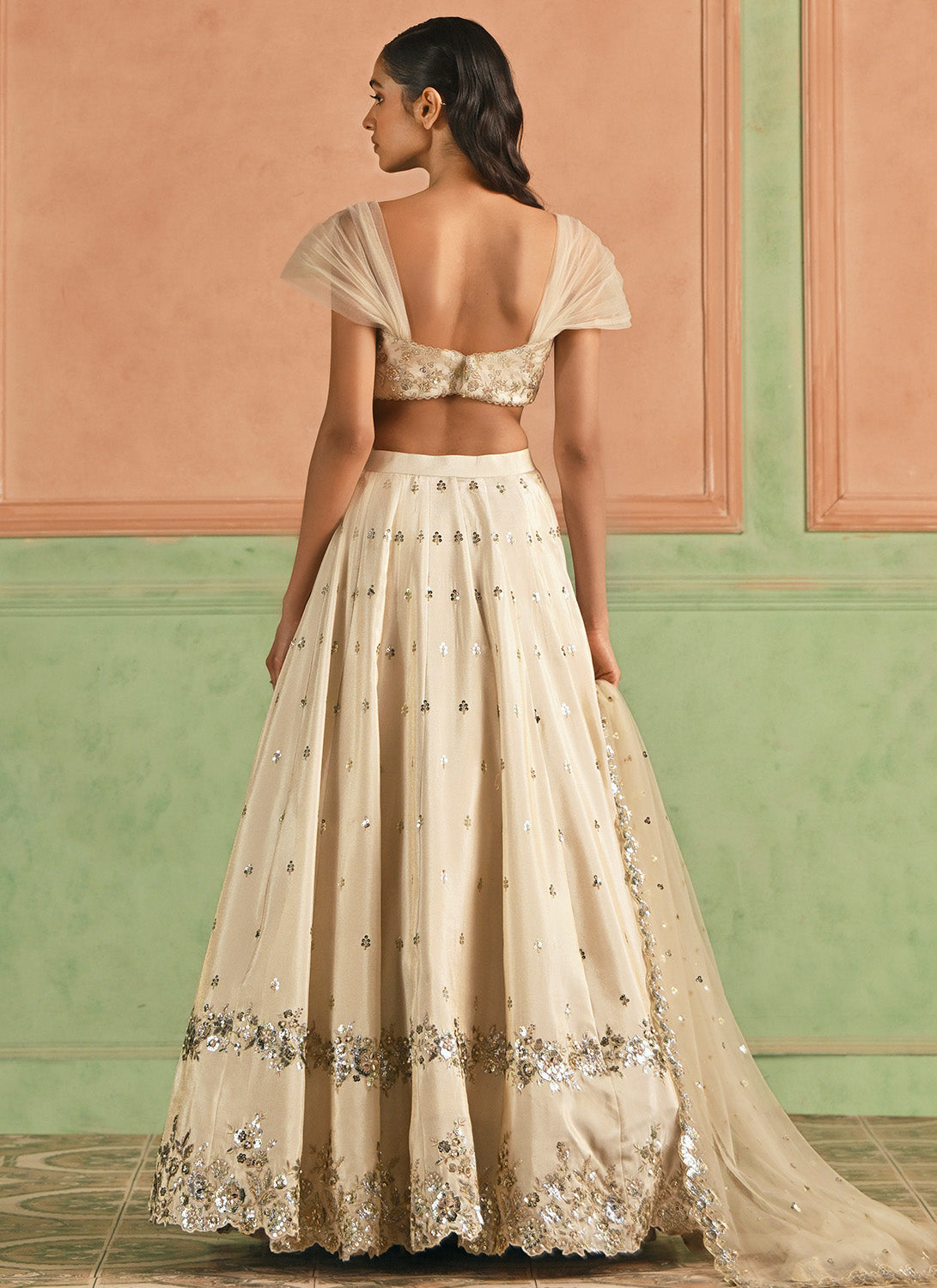Cream Embroidered Viscose Tissue Lehenga
