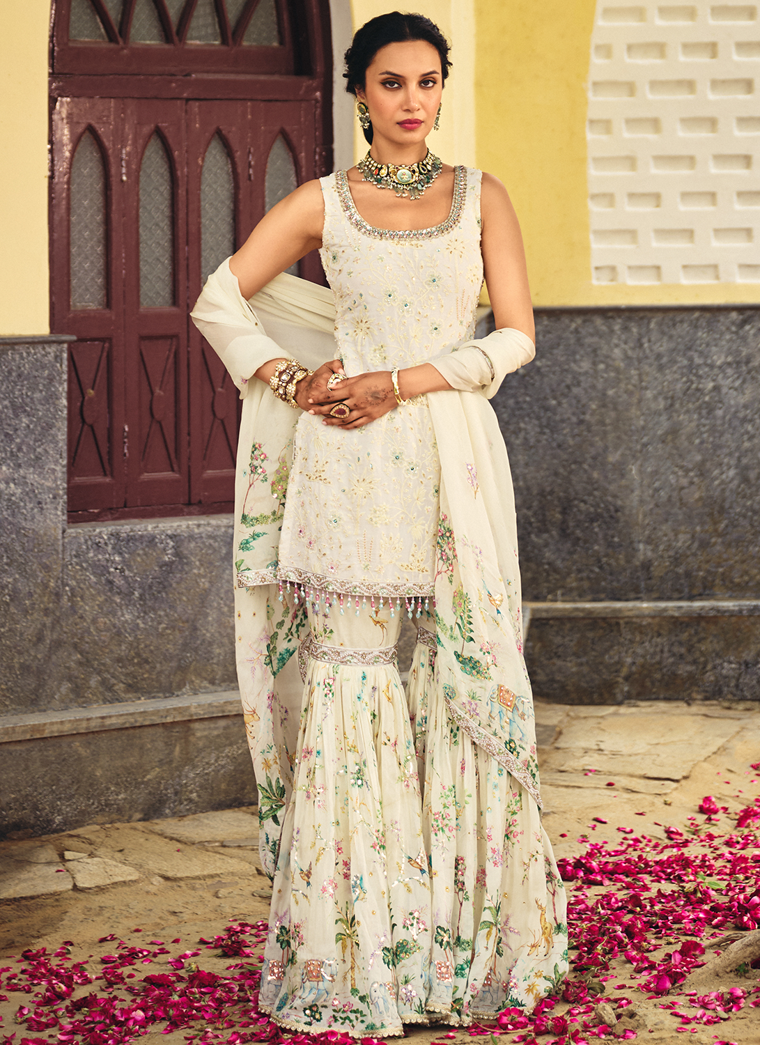 Ivory Embroidered Tissue Silk Gharara