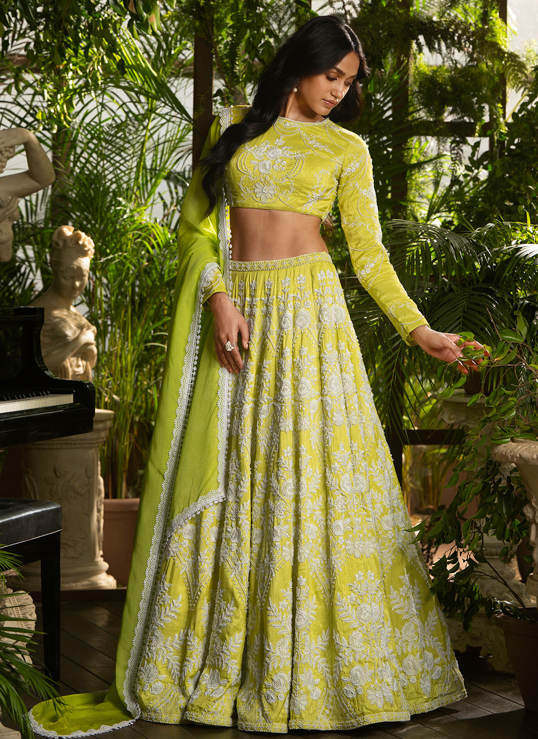 Lime Green Embroidered Pure Silk Lehenga