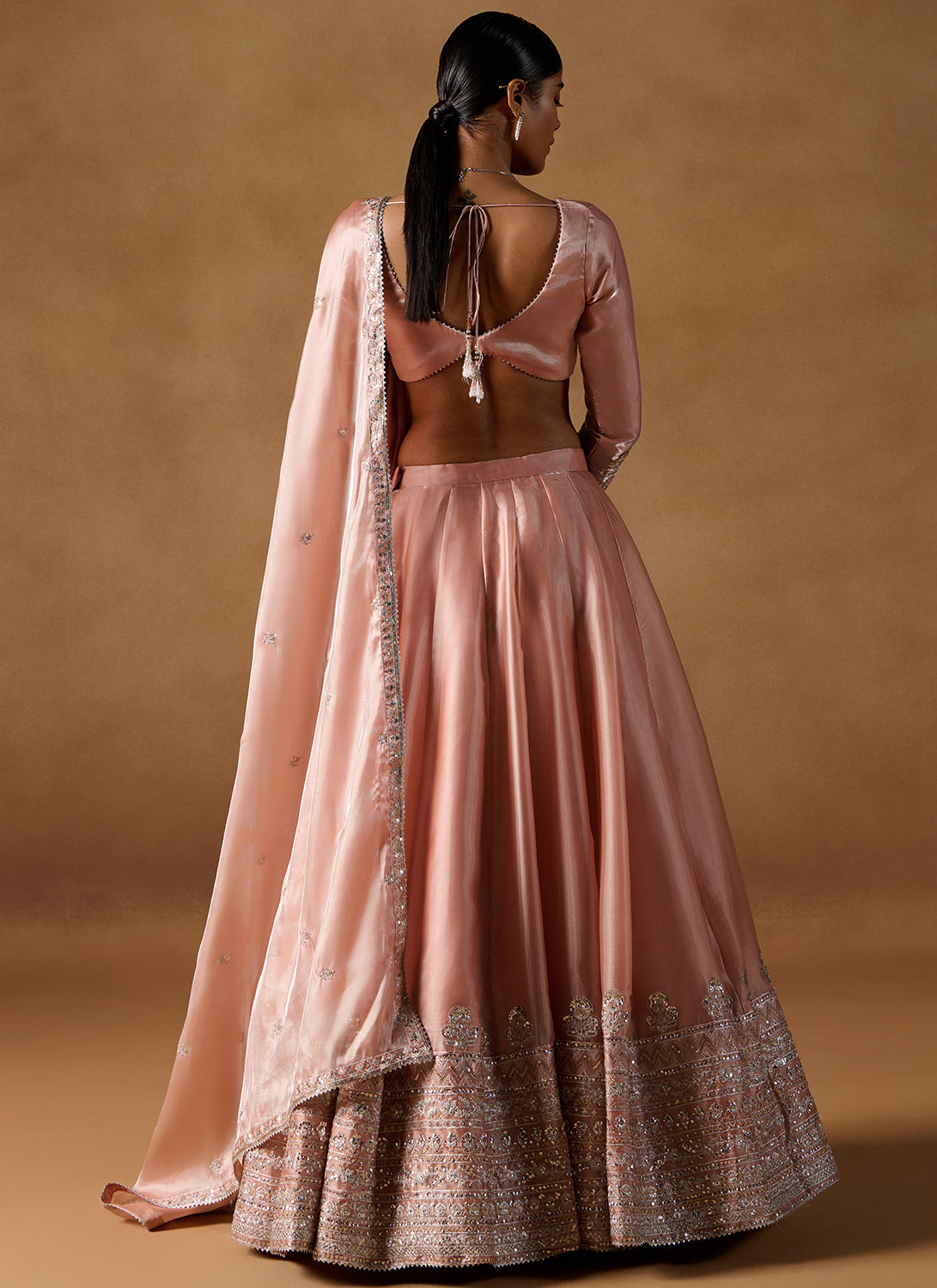 Dusty Coral Embroidered Tissue Lehenga
