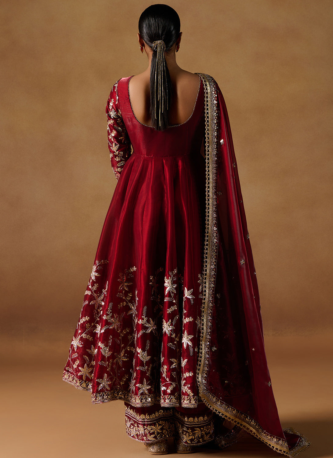 Red Embroidered Tissue Anarkali