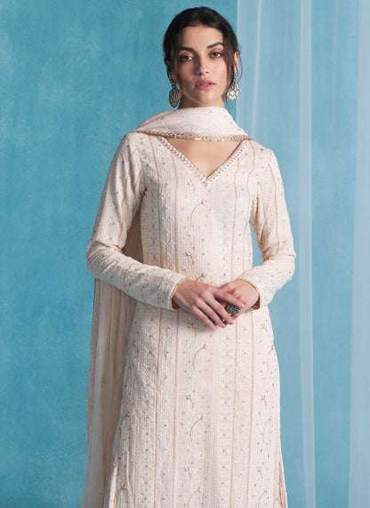 Soft Peach Embroidered Lucknowi Straight Suit