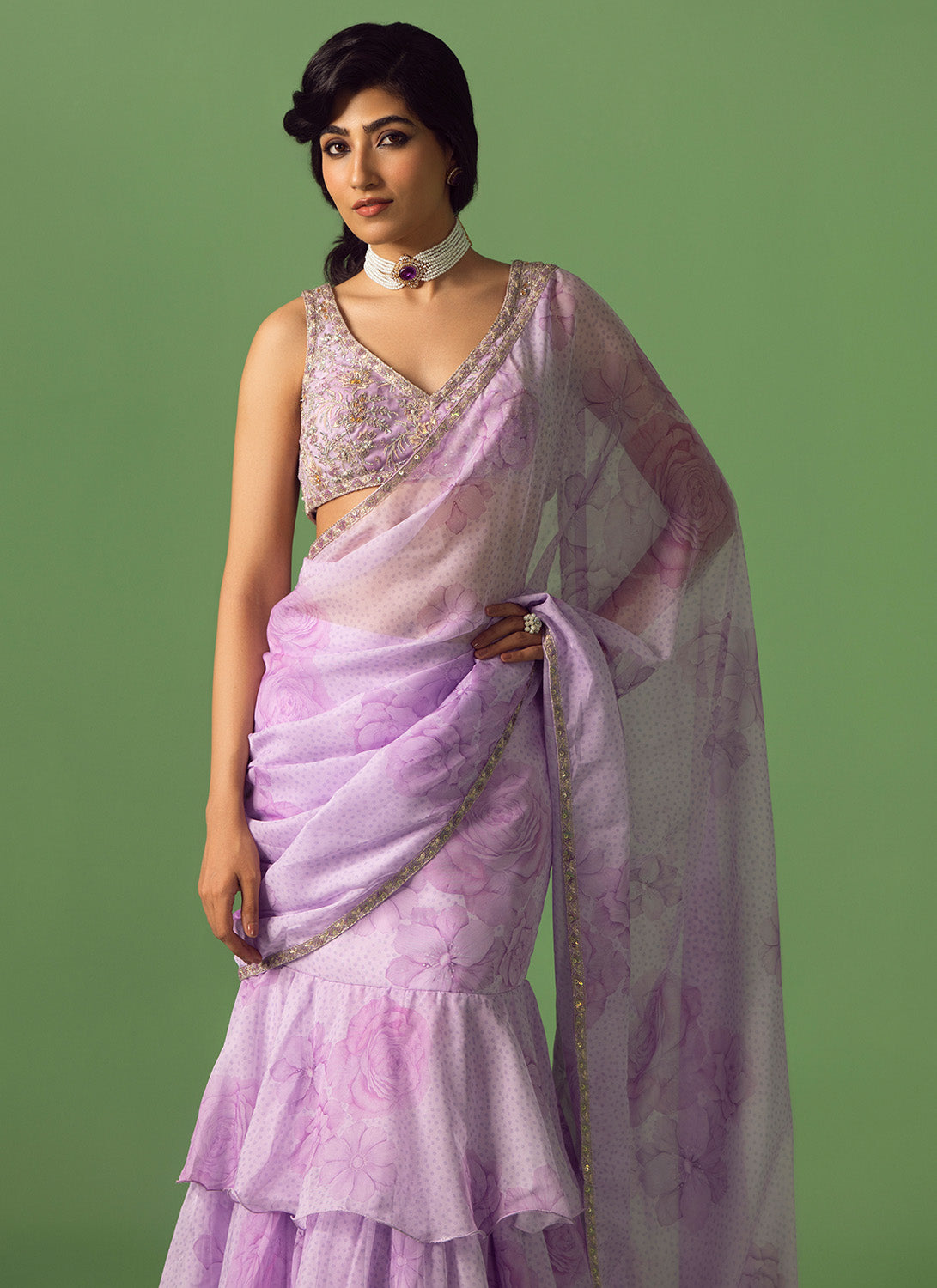 Lavender Floral Printed Organza Saree