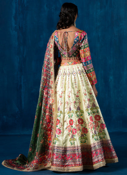 Yellow and Green Multicolor Embroidered Lehenga