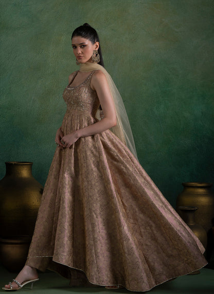 Golden Peach Embroidered Brocade Anarkali