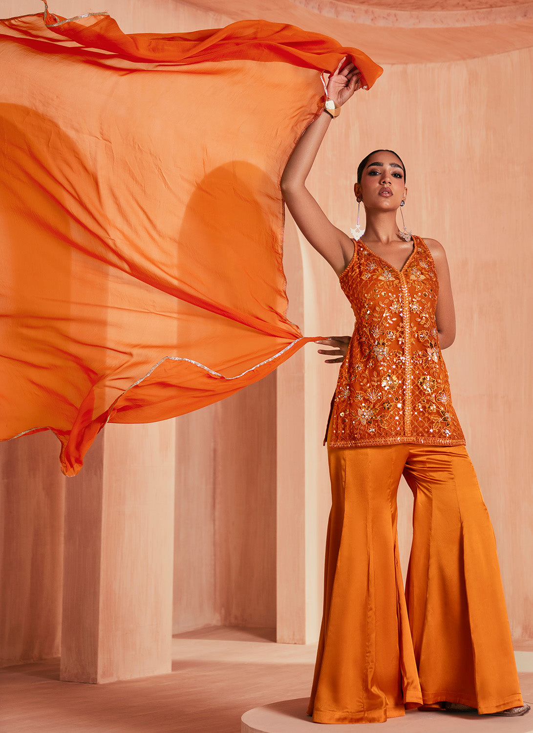 Orange Embroidered Satin Sharara