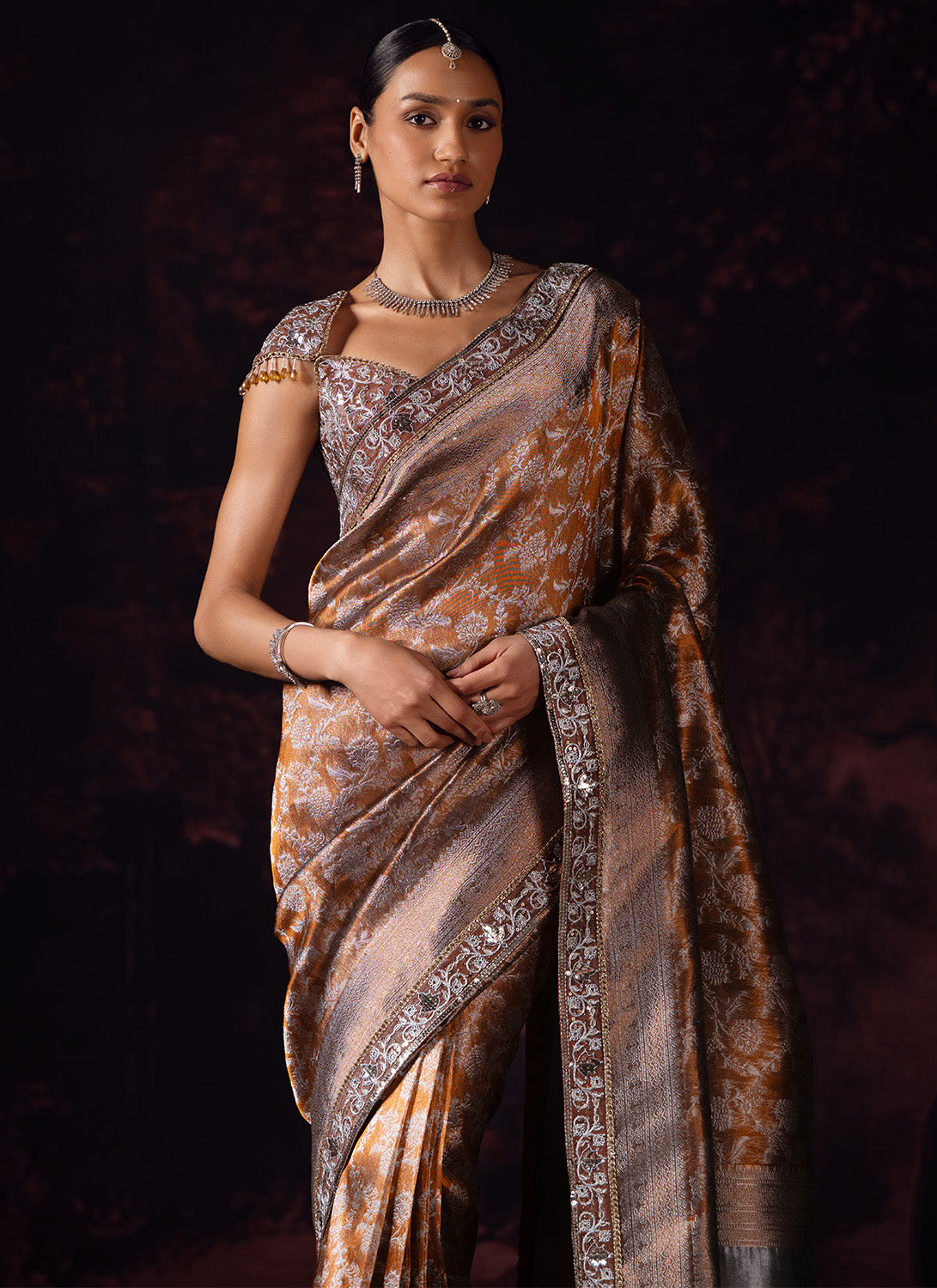 Brown Embroidered Tissue Saree