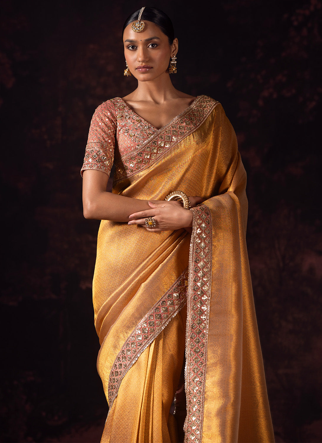 Golden Yellow Embroidered Tissue Saree