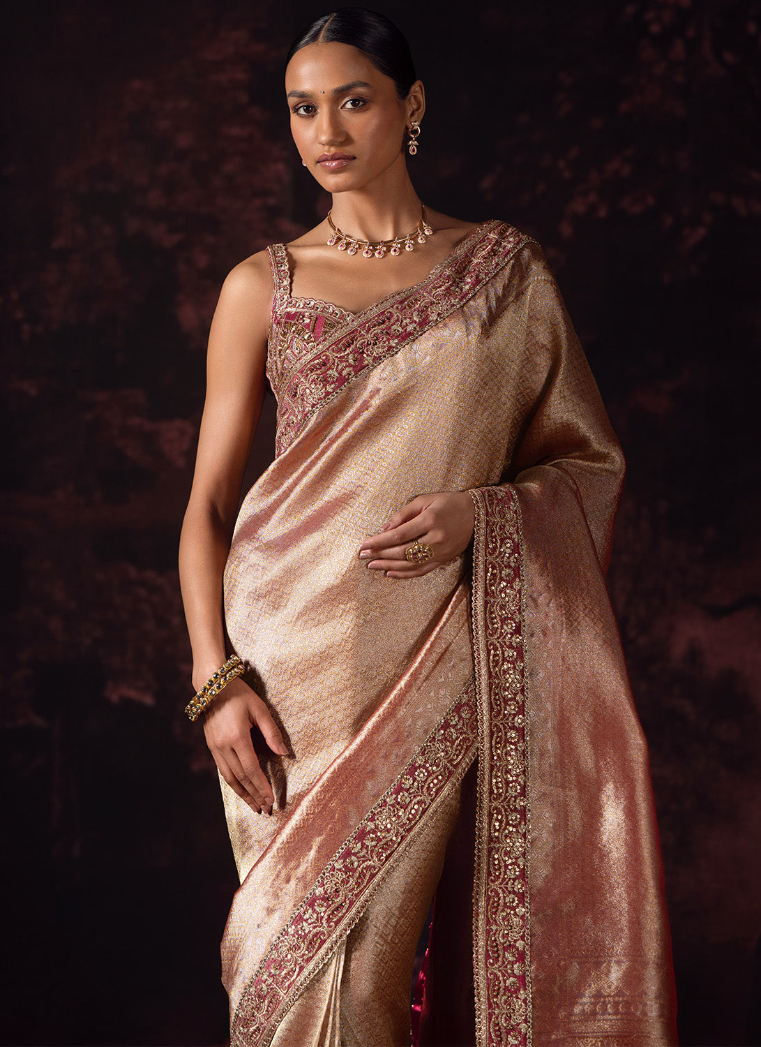 Metallic Rose Pink Embroidered Tissue Saree