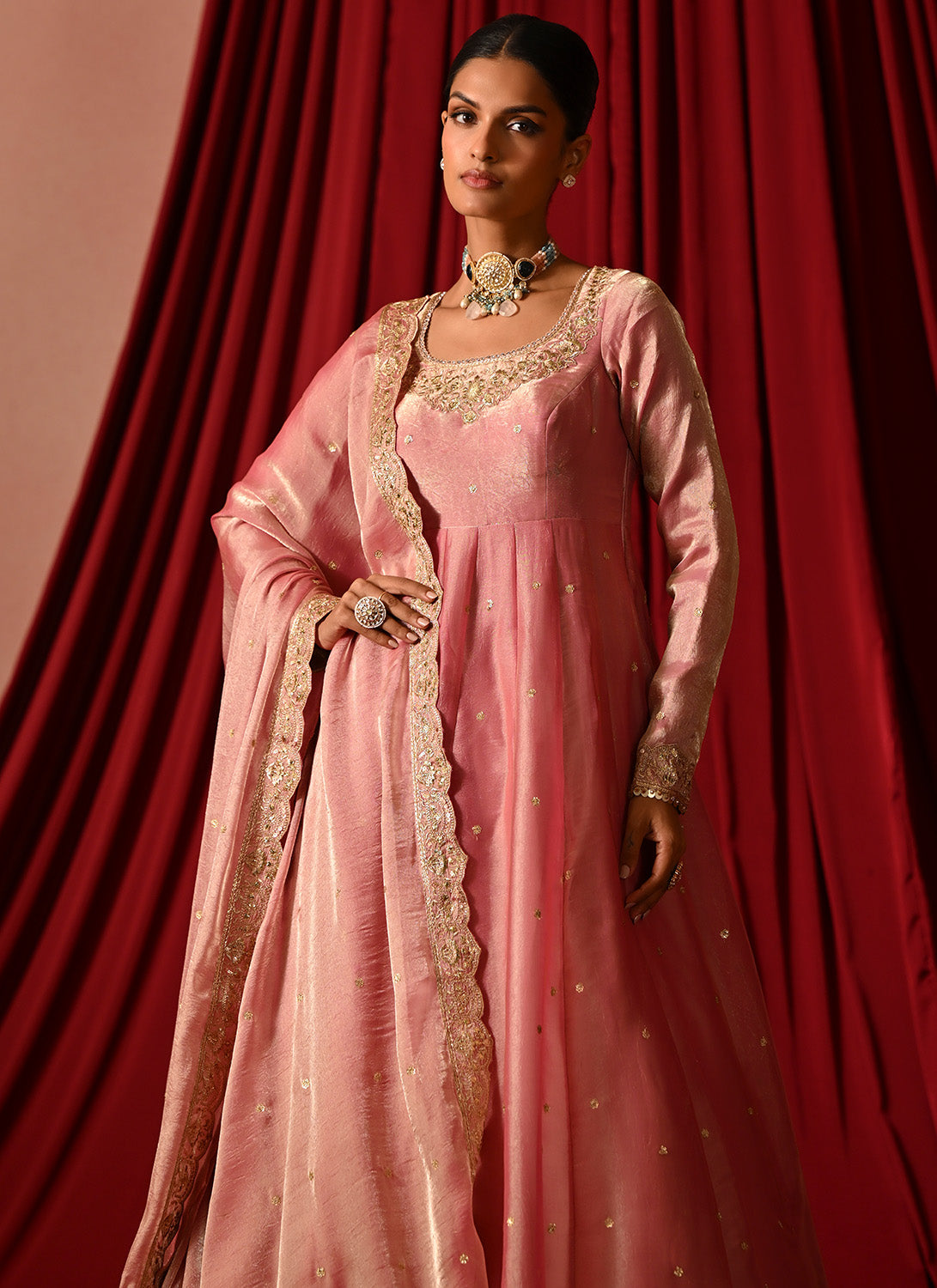 Rose Pink Embroidered Satin Anarkali