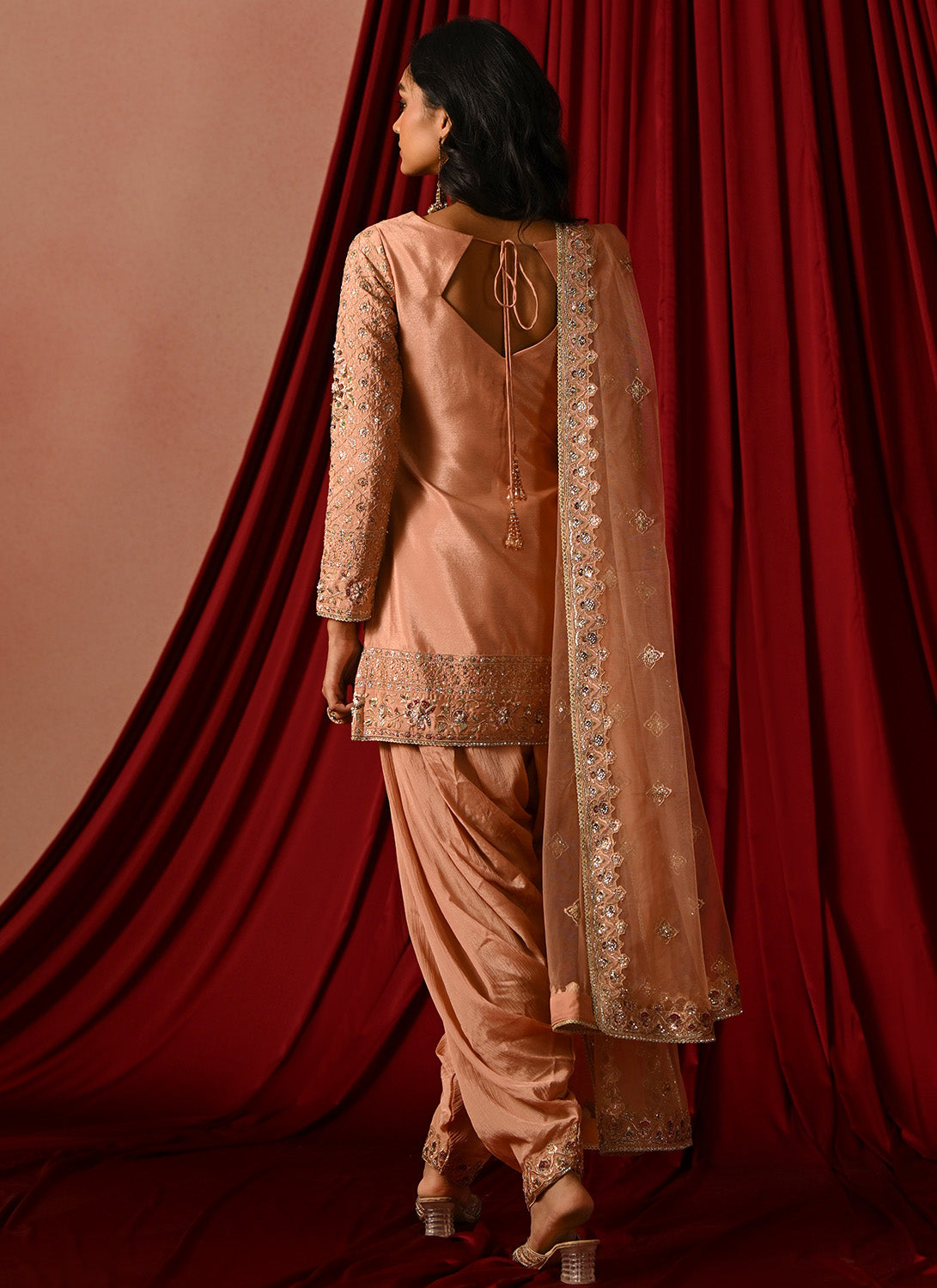 Dusty Peach Embroidered Silk Punjabi Suit