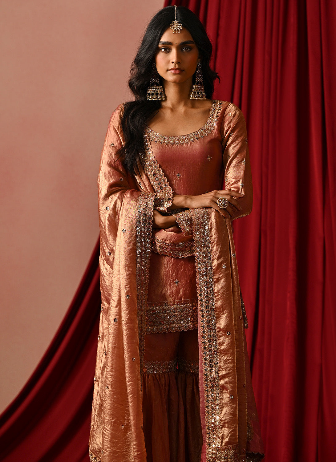 Copper Rose Embroidered Tissue Gharara