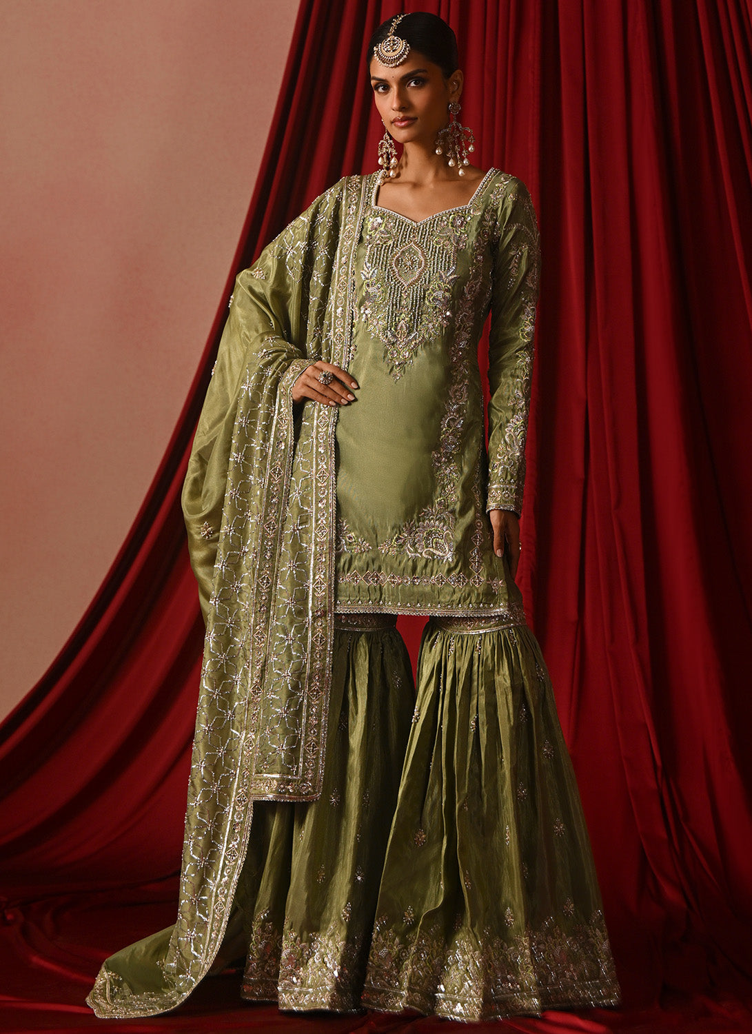Light Green Embroidered Silk Gharara Suit