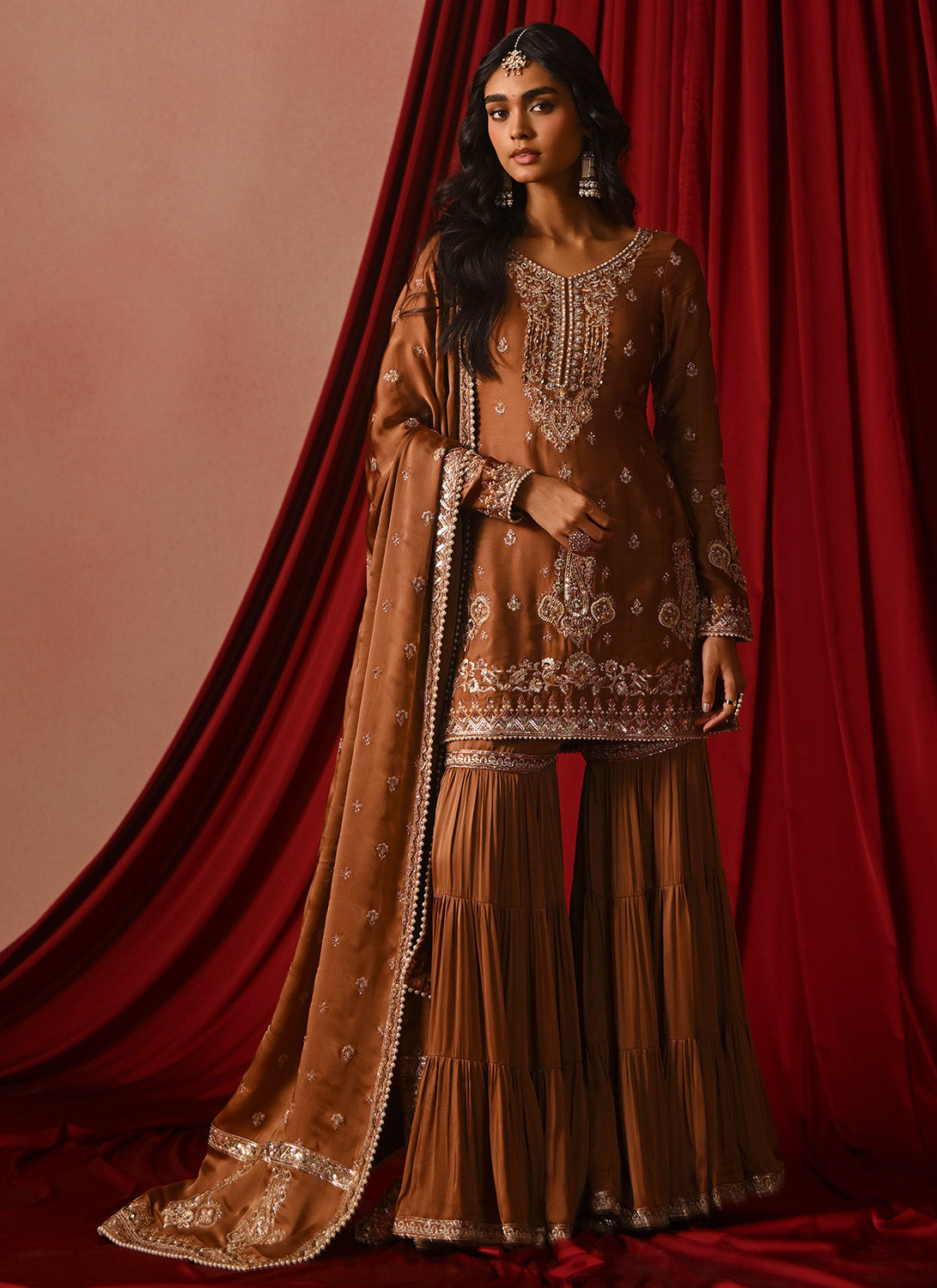 Brown Embroidered Satin Gharara Suit