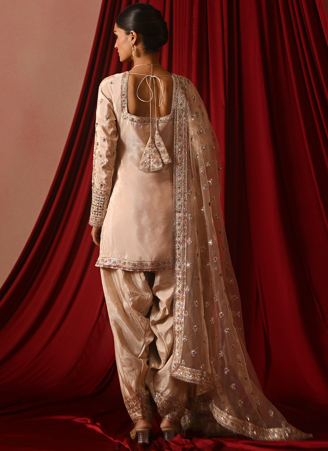 Peach Embroidered Silk Punjabi Suit