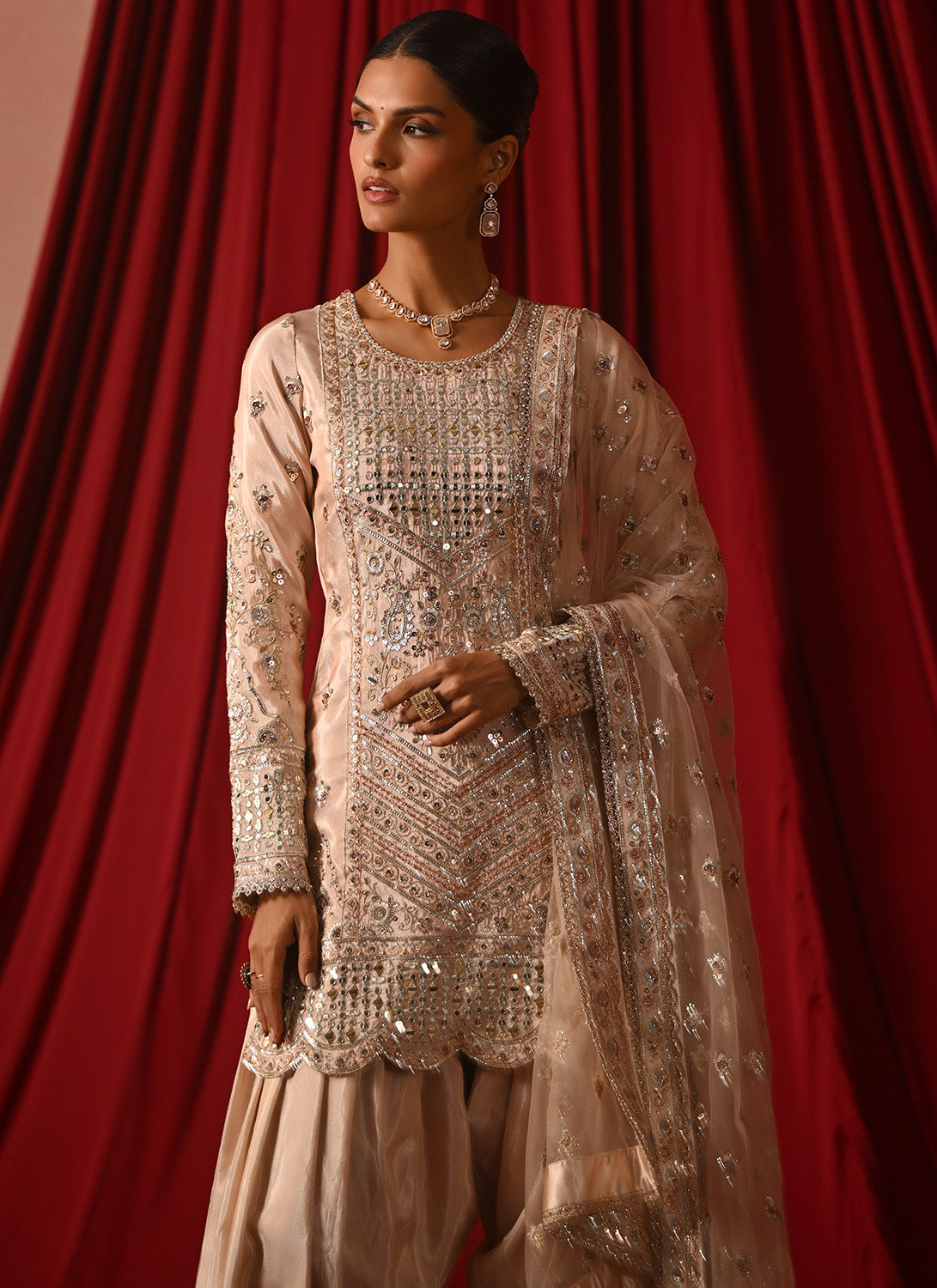 Peach Embroidered Silk Punjabi Suit