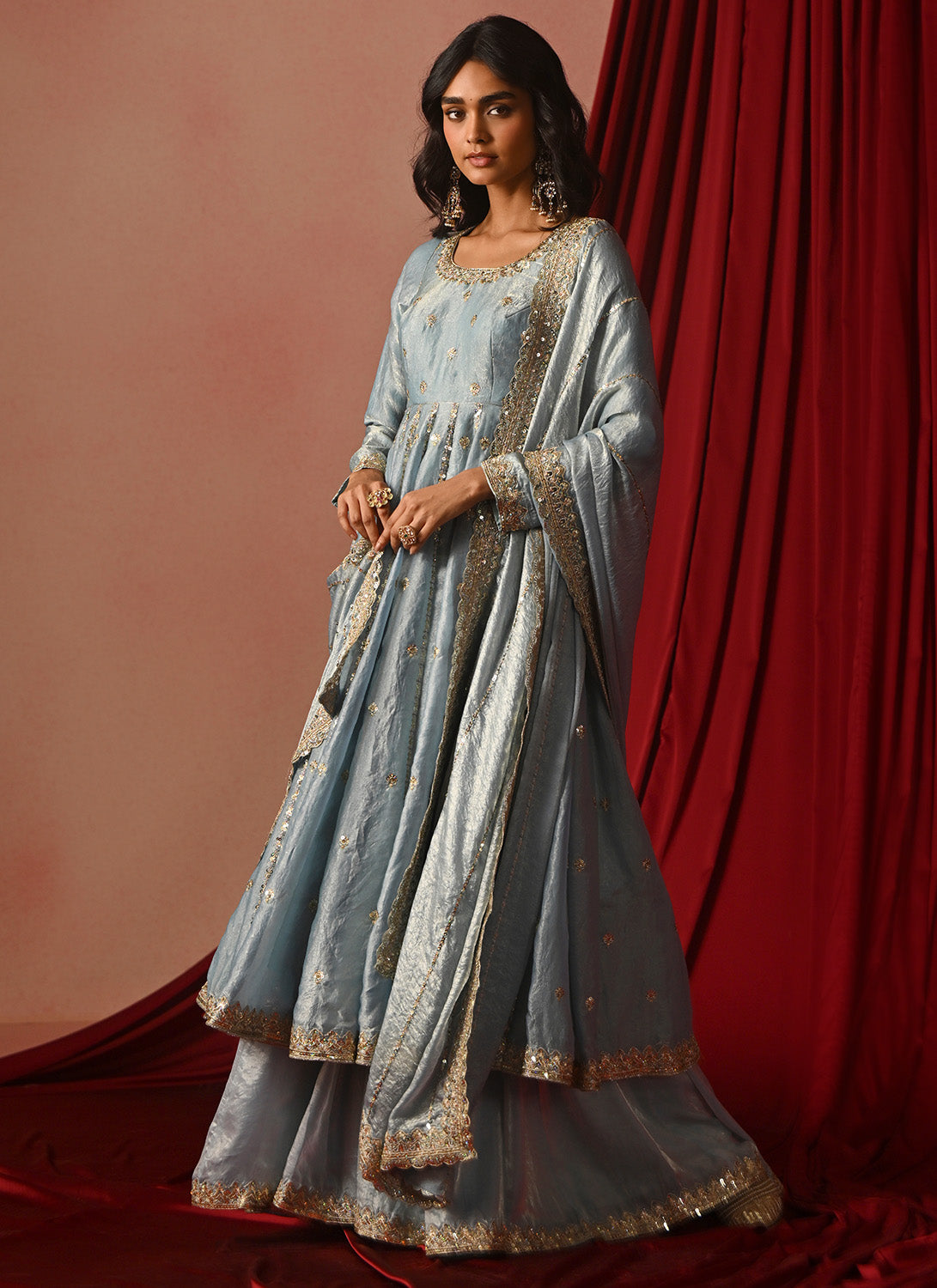 Sky Blue Embroidered Tissue Anarkali