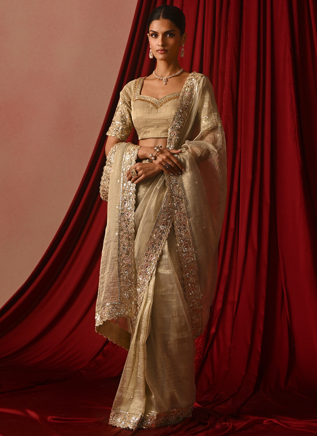 Golden Cream Embroidered Tissue Saree