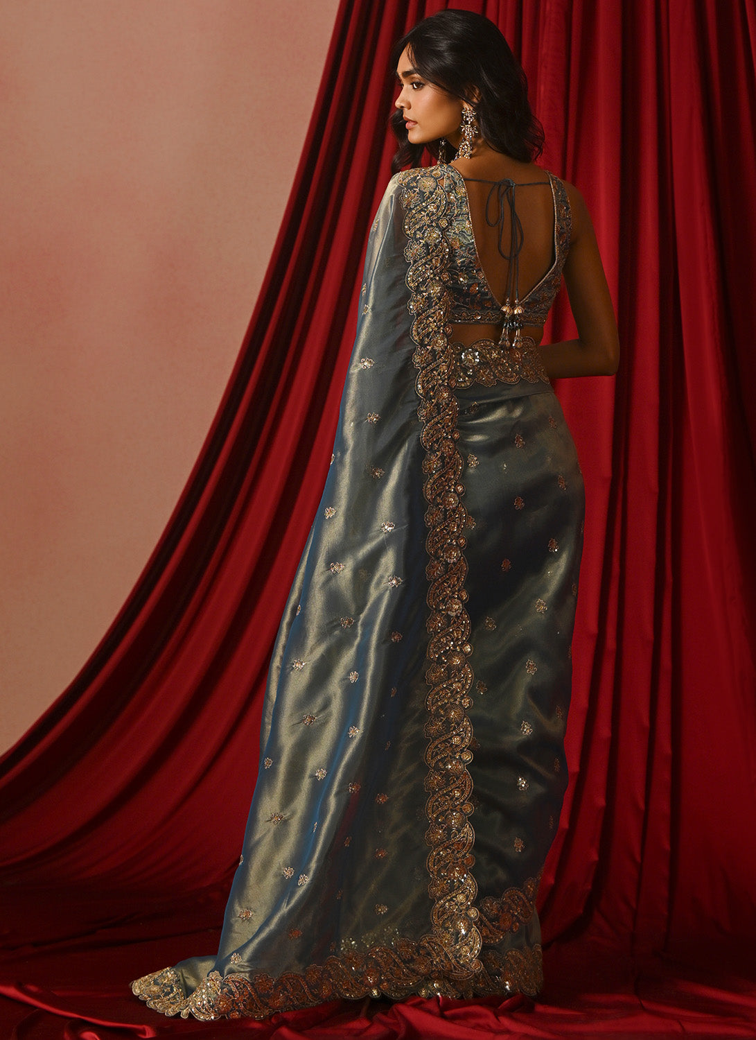 Blue Embroidered Tissue Saree